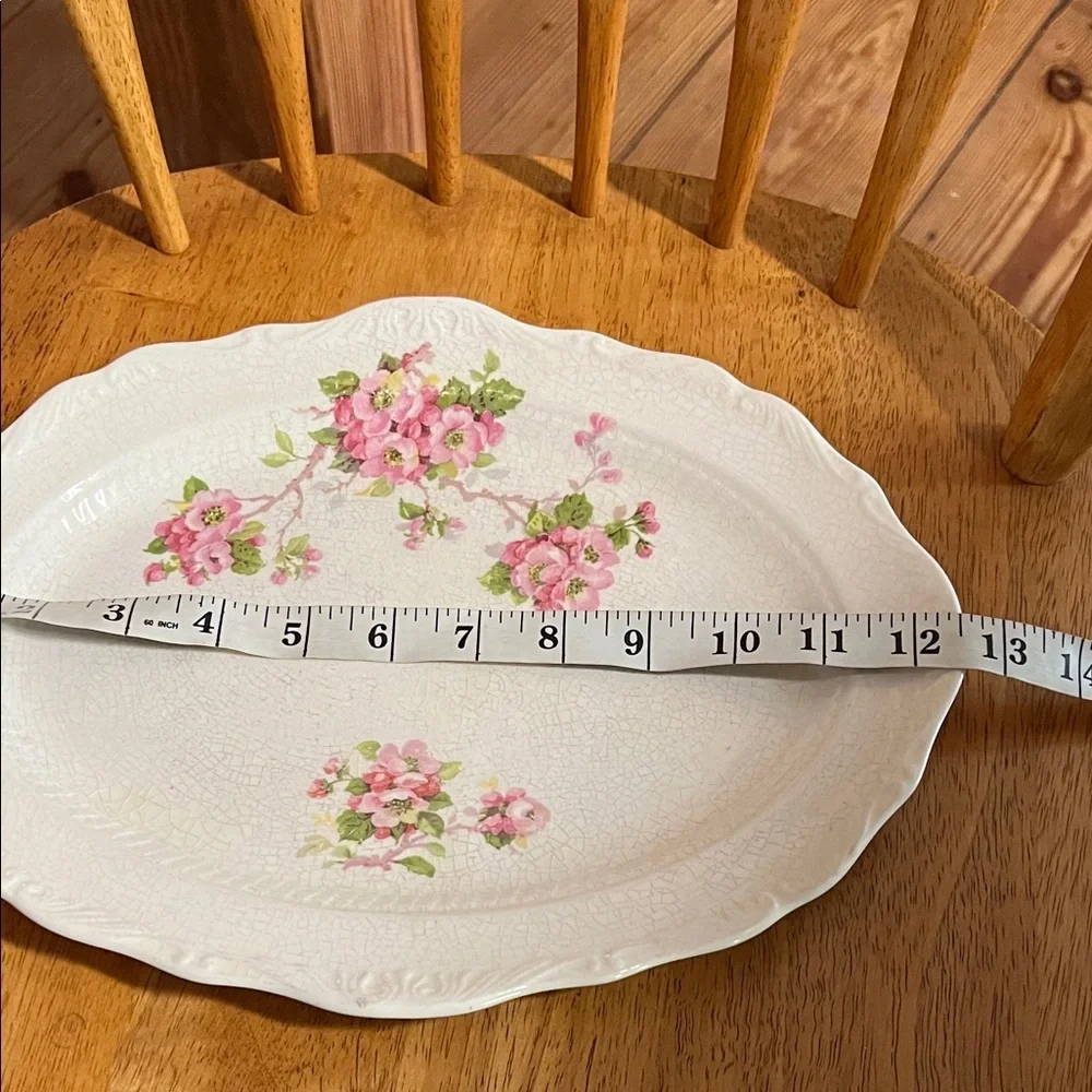 Vintage White Ceramic Serving Platter with Pink Floral Motif Farmhouse